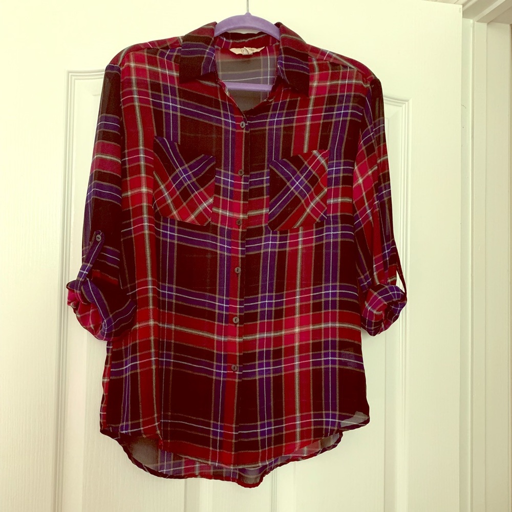 Decree purple plaid sheer button down size M